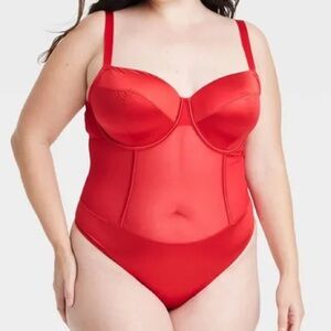 Auden Women's Satin & Mesh Lightly Lined Lingerie Bodysuit, Size XL Red